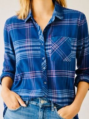 Orvis Plaid Button Down Shirt Blue Pink Lightweight Stretch Classic Fit Size M